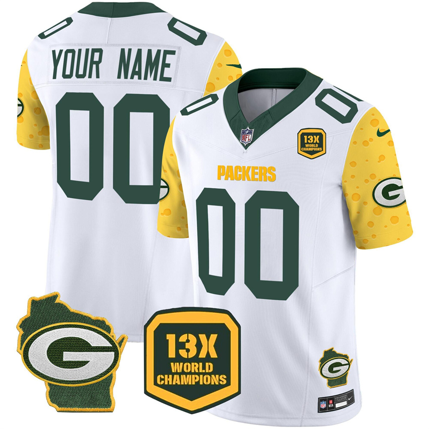 Men's Cheese White Green Bay Packers ACTIVE PLAYER Custom 2024 F.U.S.E. Home Patch 13 Time World Champions Vapor Untouchable Limited Stitched Football Jersey